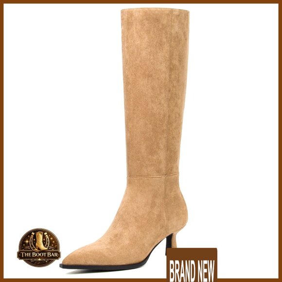 Kitten Heel Knee High Boots Pointed Toe Faux Leather Stiletto Side Zipper